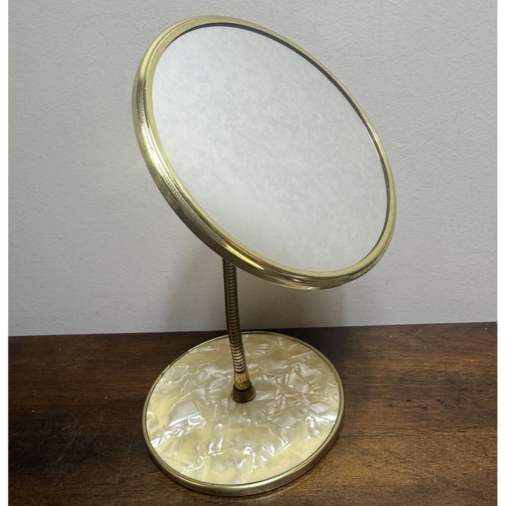 Vintage Brass Gooseneck Double Vanity Mirror Pearlescent Base Hollywood Regency - Picture 2 of 11